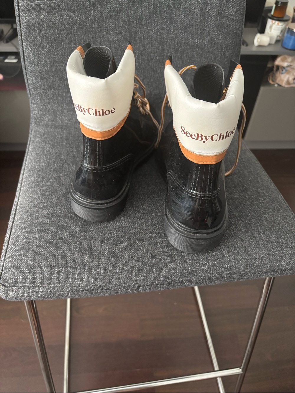 See By Chloe Black, White and Tan Lace-Up Boots